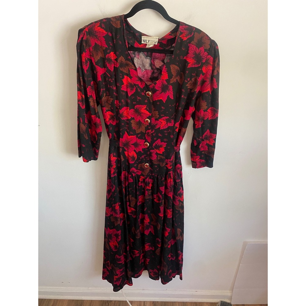NILY Design USA Vintage Red Floral Leaf Print Rayon Midi Dress XL Black